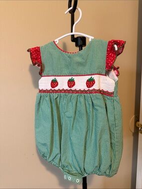 Green Gingham Strawberry Smocked One-Piece
